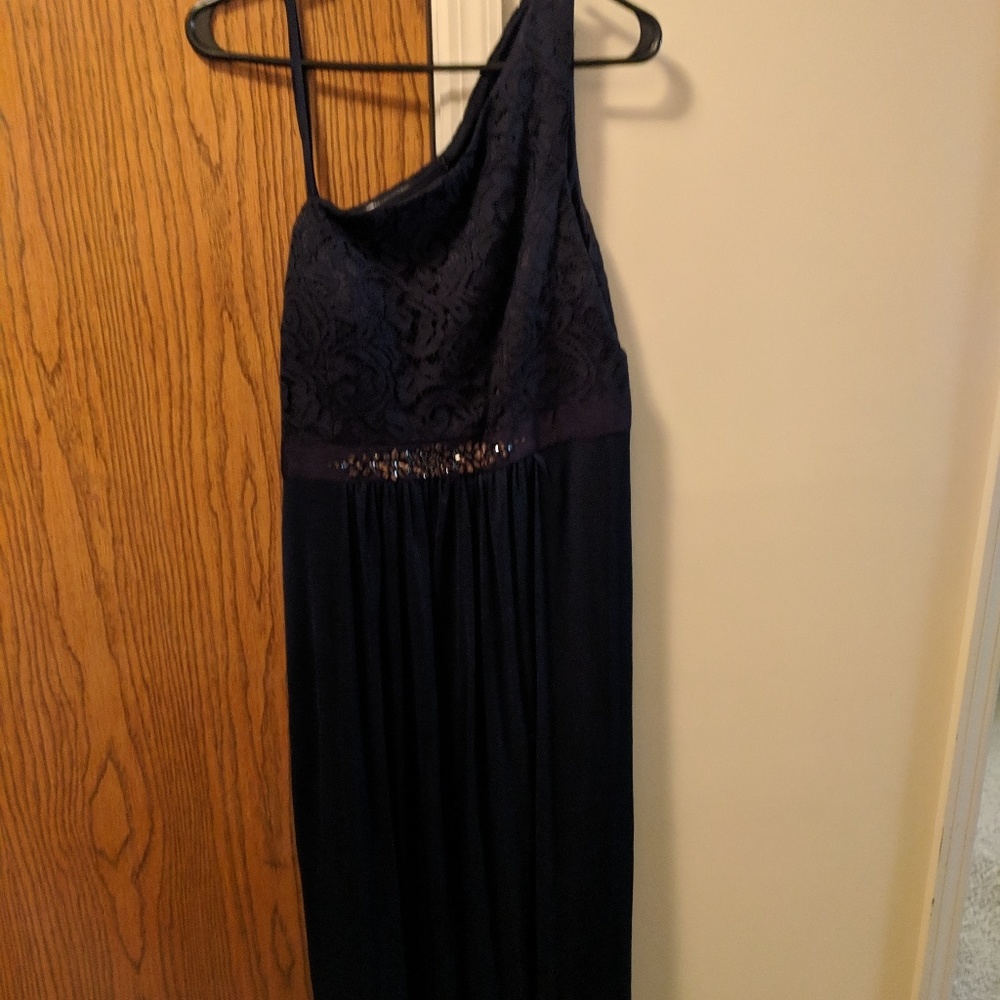 Embellish Adrianna Papell Navy One Shoulder Dress